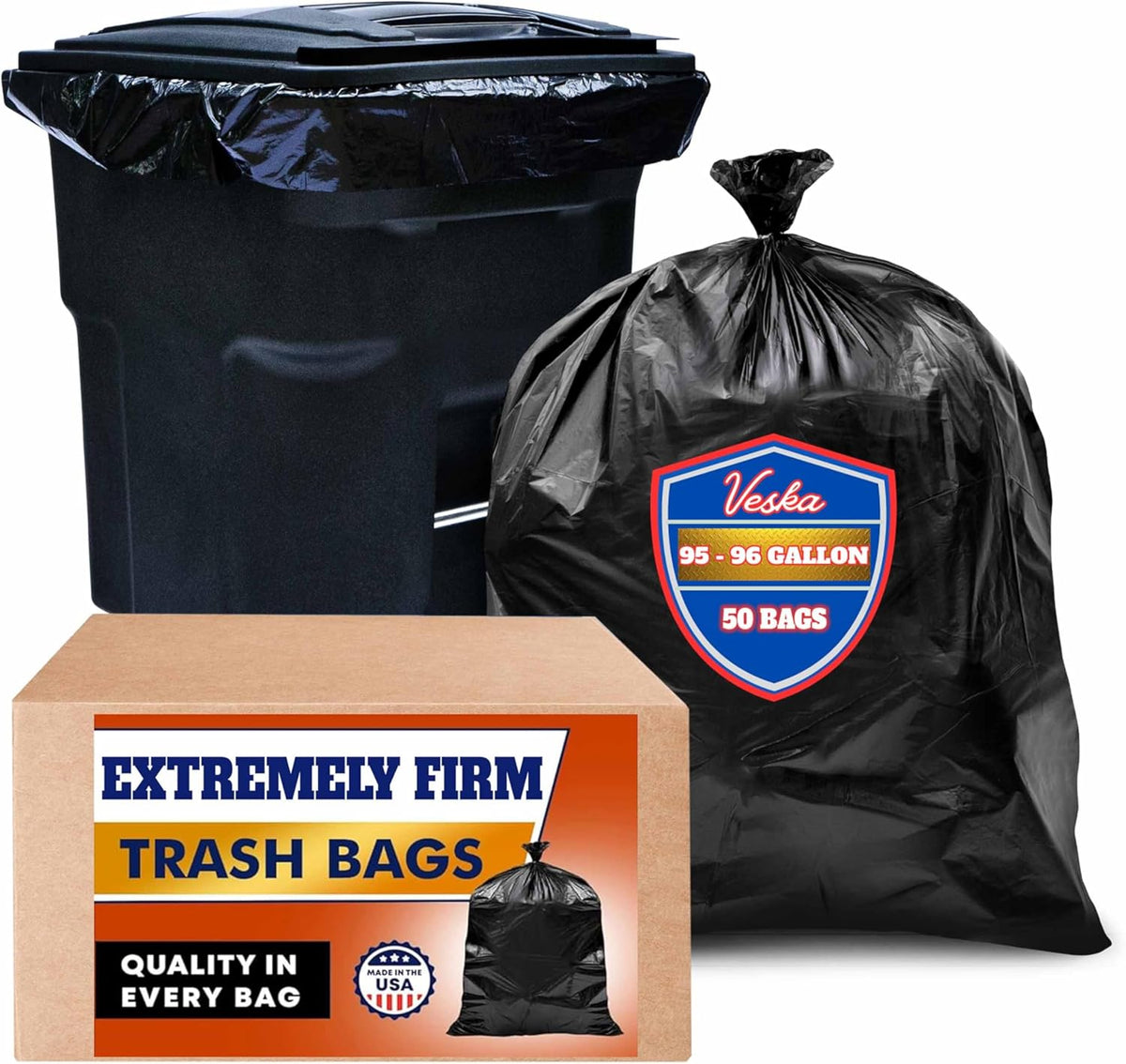 Veska 95-96 Gallon Trash Bags Heavy Duty (Huge 50 Bags W/Ties) 95-96 Gallon Trash Bags Large Black