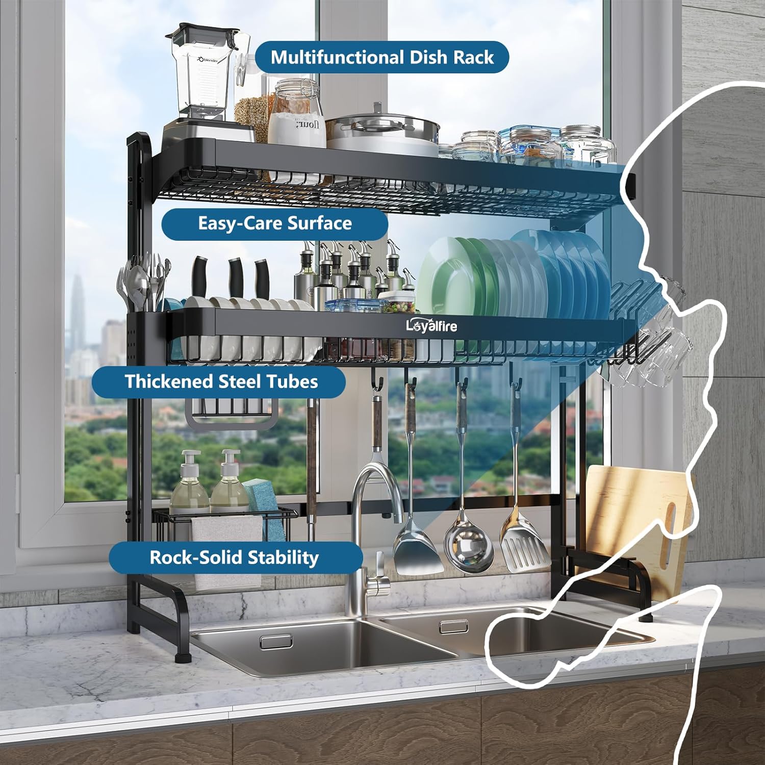 Over Sink Dish Drying Rack, 3 Tier Adjustable Length (20.87'' to 37.6'') Full Stainless Steel Large