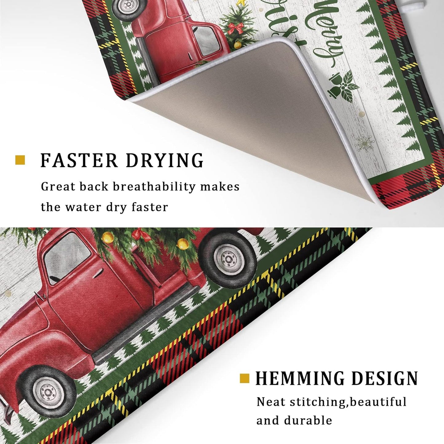 Christmas Dish Drying Mat 18x24 Inch for Kitchen Counter Decor Absorbent Reversible Microfiber Red