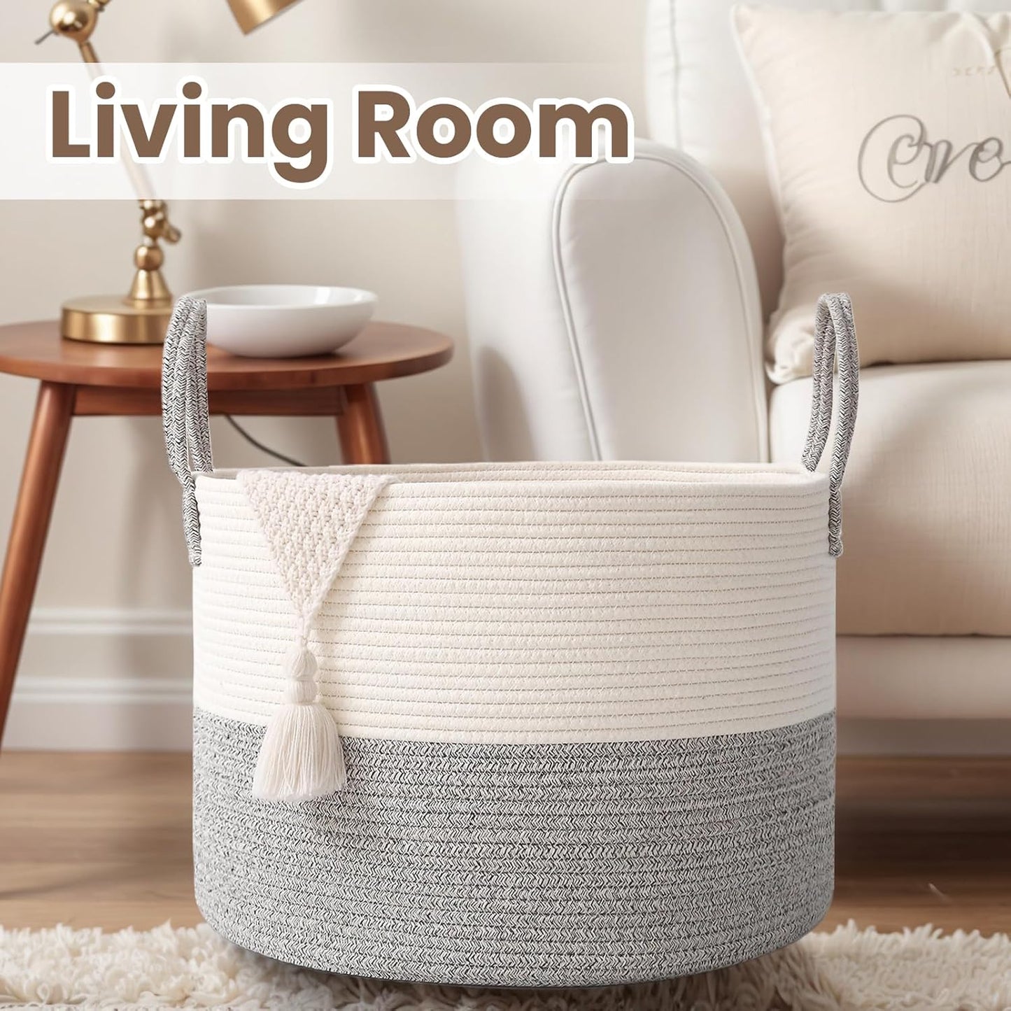 Woven Blanket Basket,115L Large Rope Storage Bin with Handles, Organizer for Blankets Toys Book and