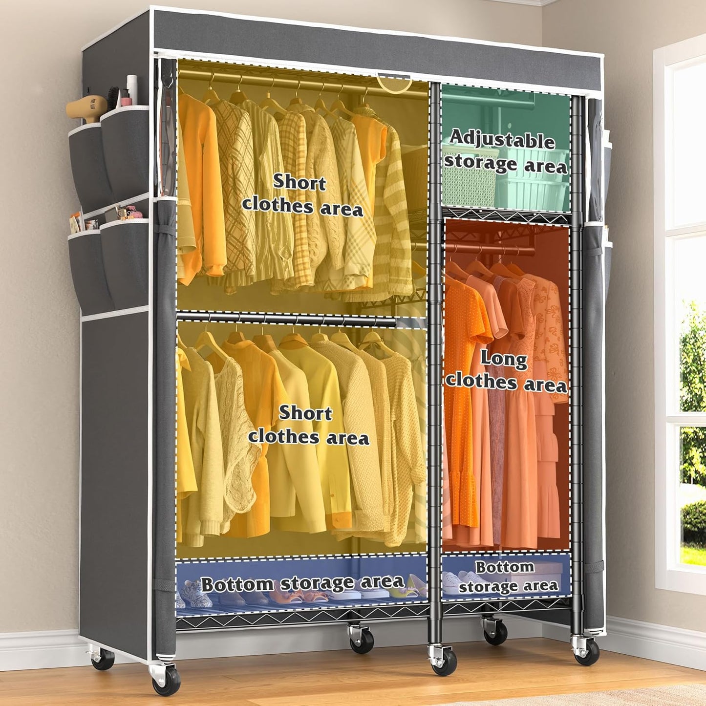 Raybee Clothes Rack with Cover,Clothing Racks for Hanging Clothes with Wheels and Adjustable