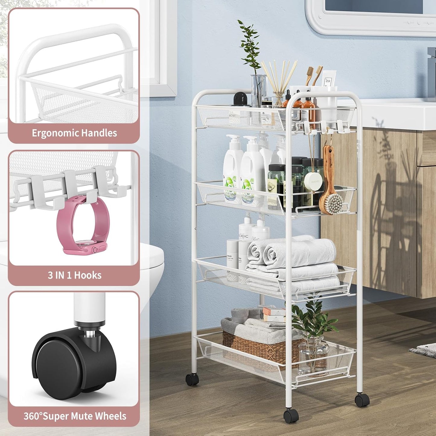 TOOLF 4-Tier Rolling Cart, Metal Utility Cart with 3 Hooks, Easy Assemble Mobile Storage Trolley On