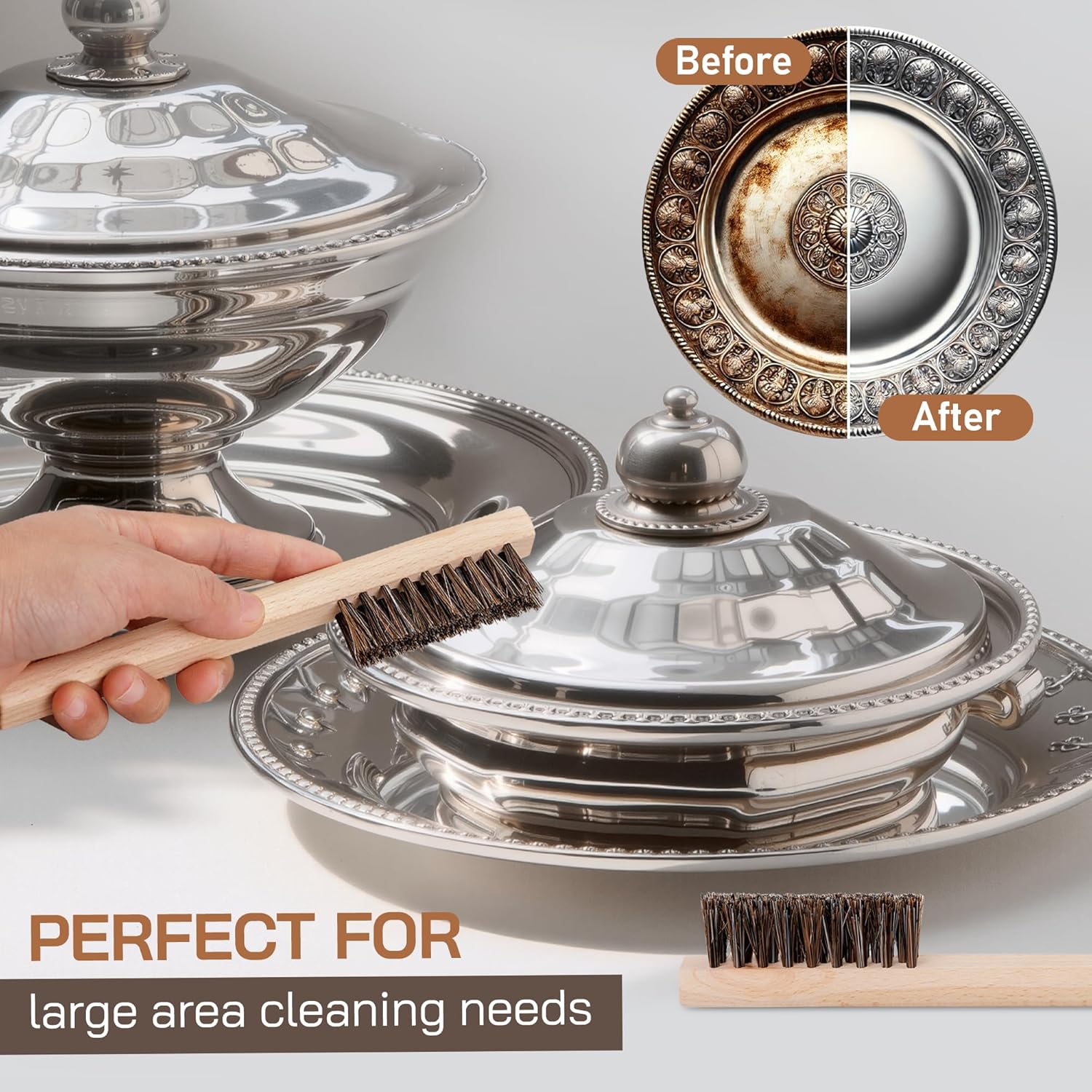 TAKAVU Horsehair Detail Brush Set, Silver Cleaning Brushes & Polish Cloth for Silverware Plateware