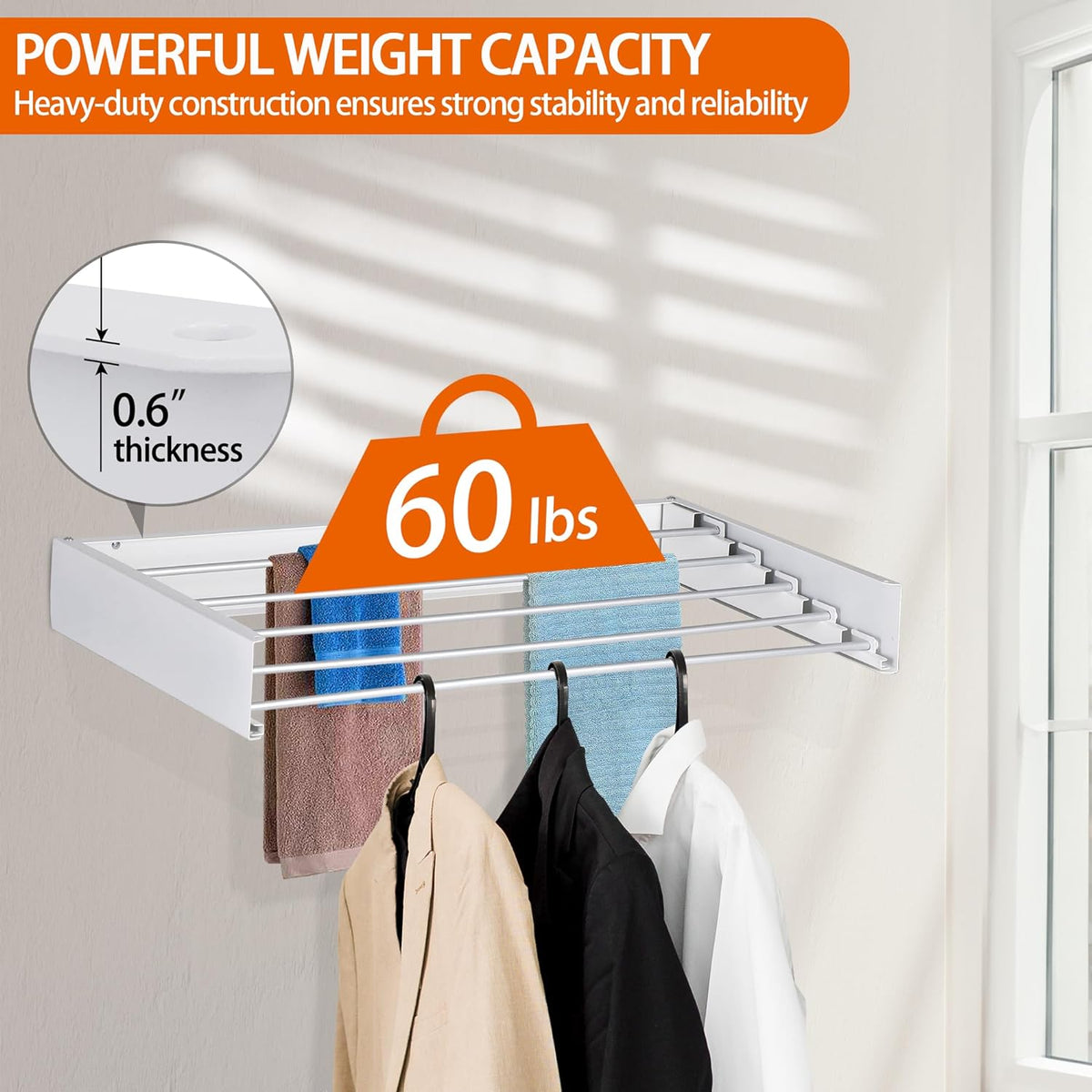 FOCHIER F Laundry Drying Rack Wall Mounted Clothes Drying Rack Collapsible with 5 Aluminum Rods and