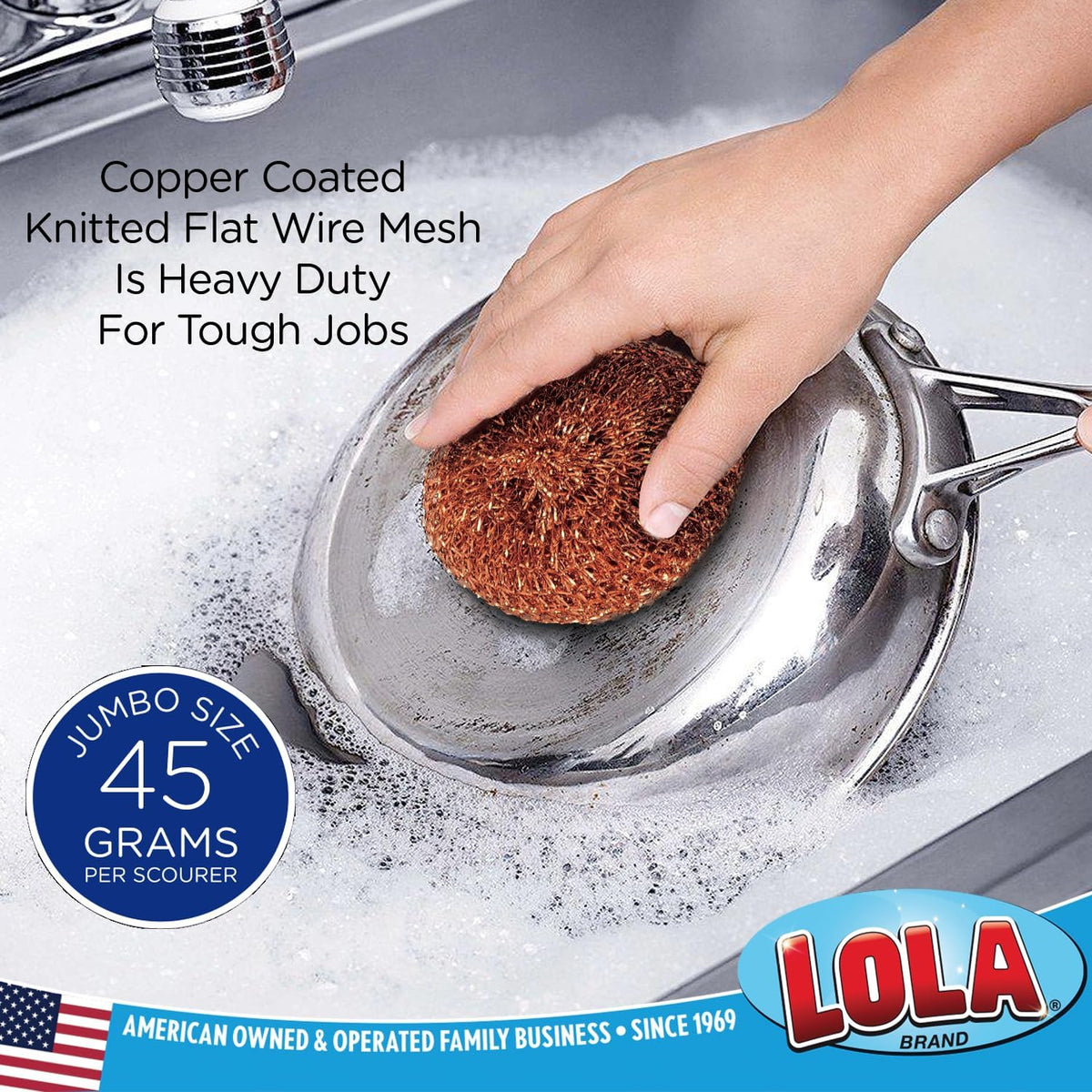 LOLA Copper Mesh Scouring Pad, 18 Grams, 12 Pack, eavy Duty Cleaning Pads, Copper Coated Knitted