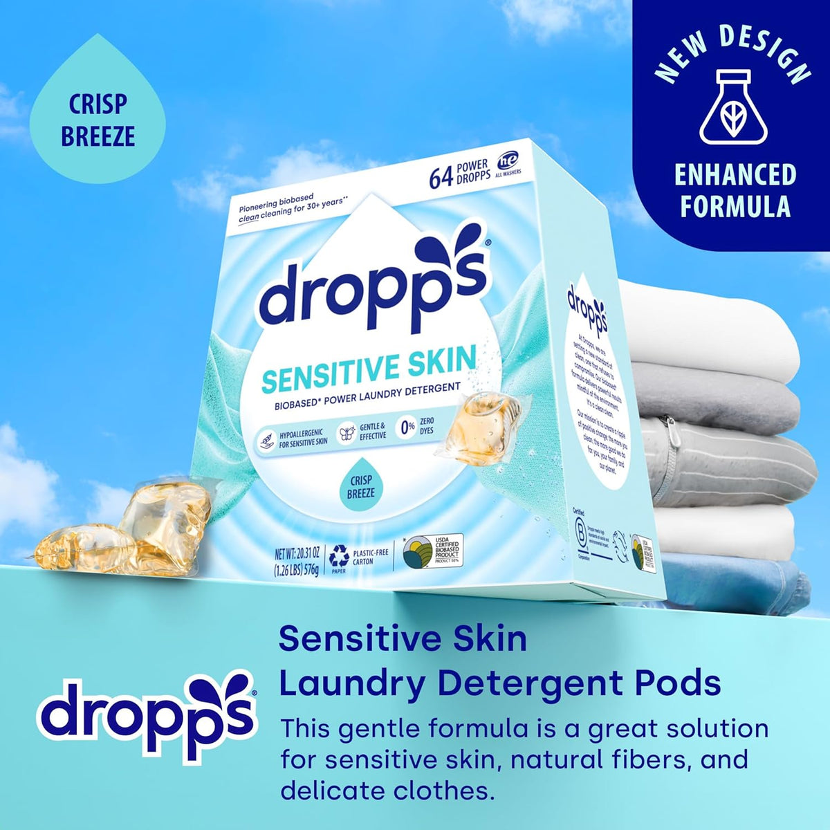 Dropps Sensitive Skin Laundry Detergent Pods, Crisp Breeze (64 Count) - Dermatologist Tested