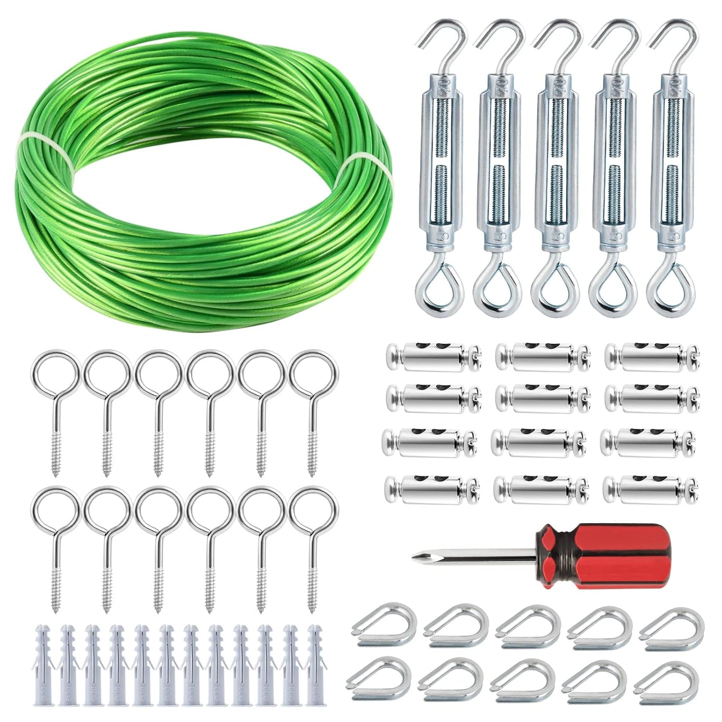 Turnbuckles for Cables Wire, 1/8" X 100Ft Green PVC Coated Wire Rope Kit, Multi-use Steel Cable for