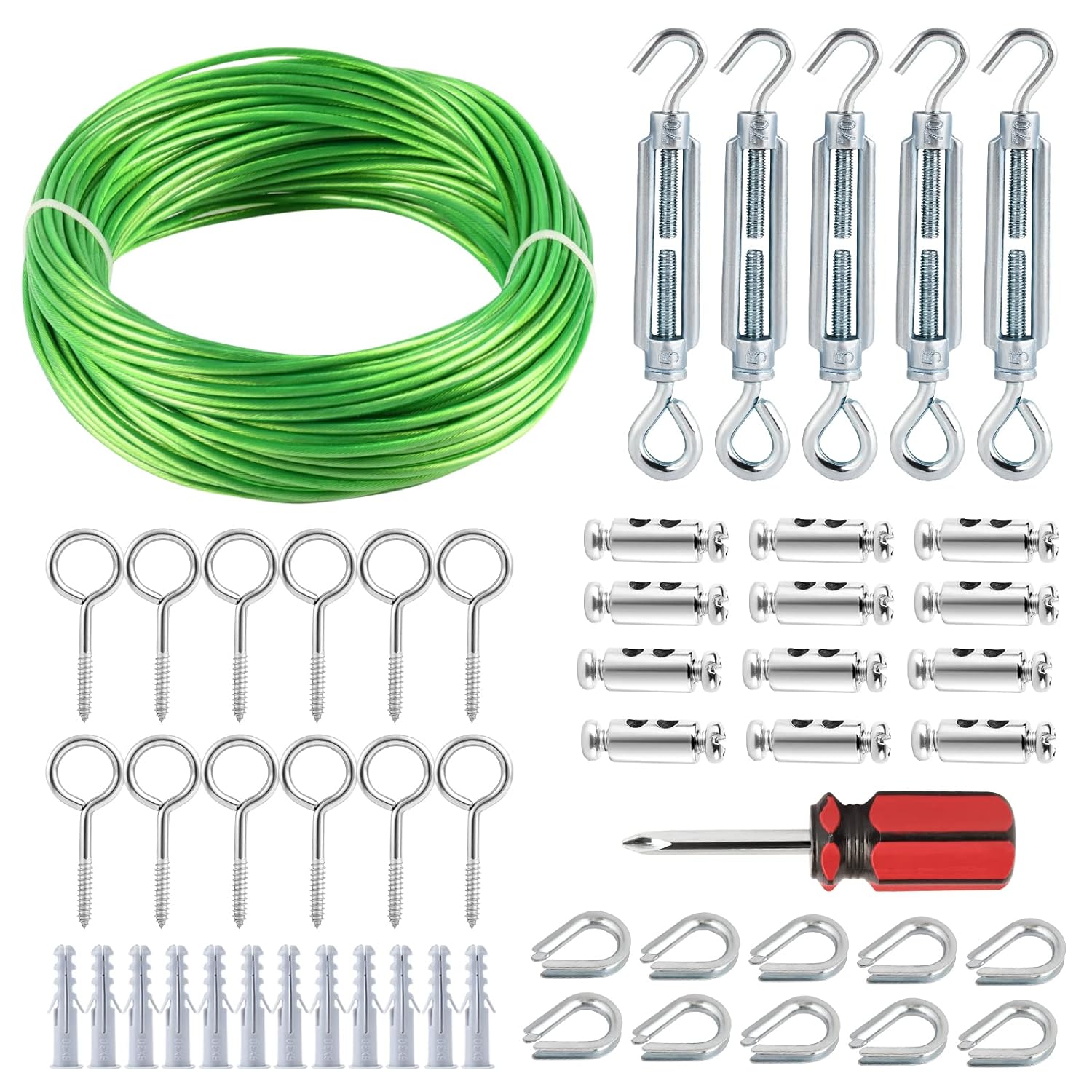 Turnbuckles for Cables Wire, 1/8" X 100Ft Green PVC Coated Wire Rope Kit, Multi-use Steel Cable for
