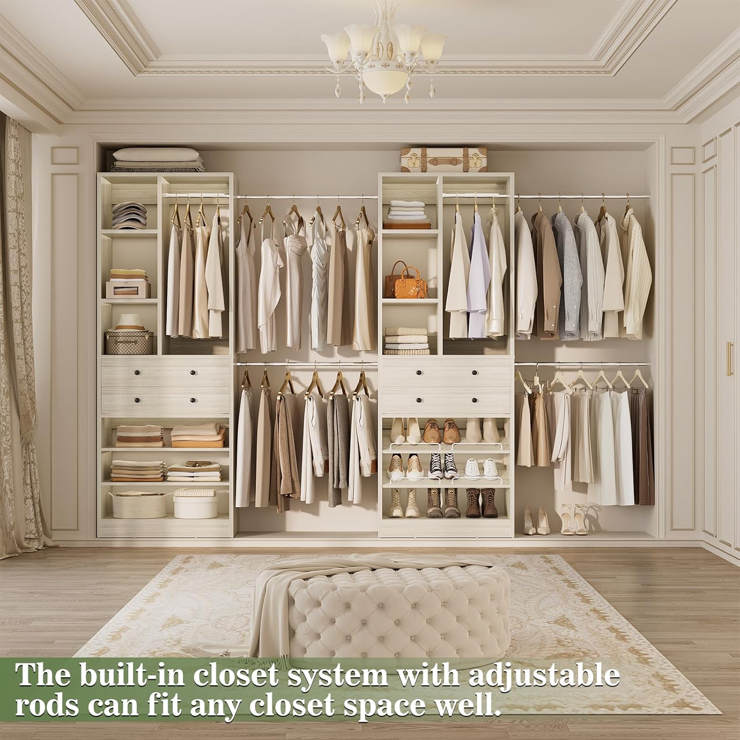 Closet System, Up to 134"/11.2 FT Closet Organizer with 4 Wooden Drawers and Shelves, Walk-in