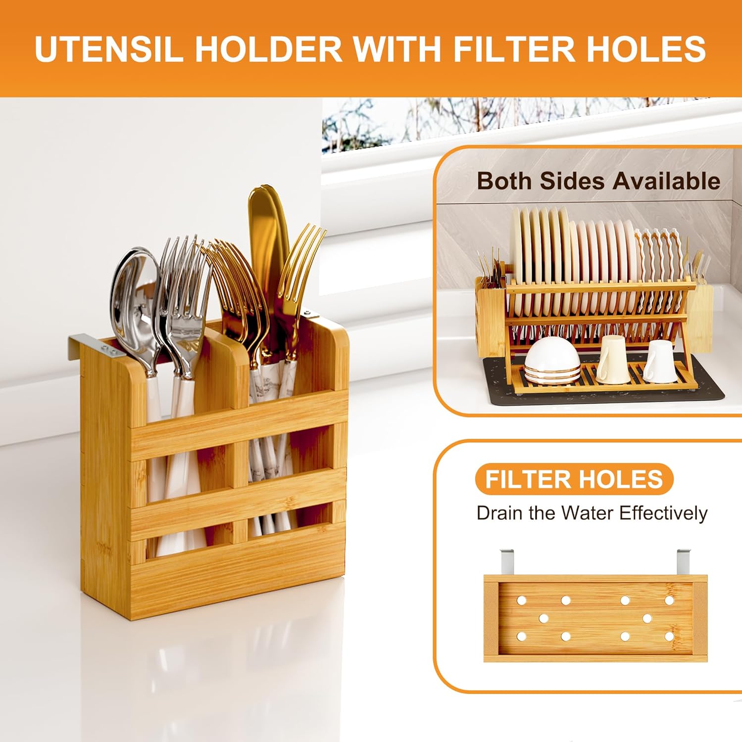 Greenual Bamboo Dish Drying Rack with Utensil Holder, 3 Tier Collapsible Dish Rack, Wooden Dish