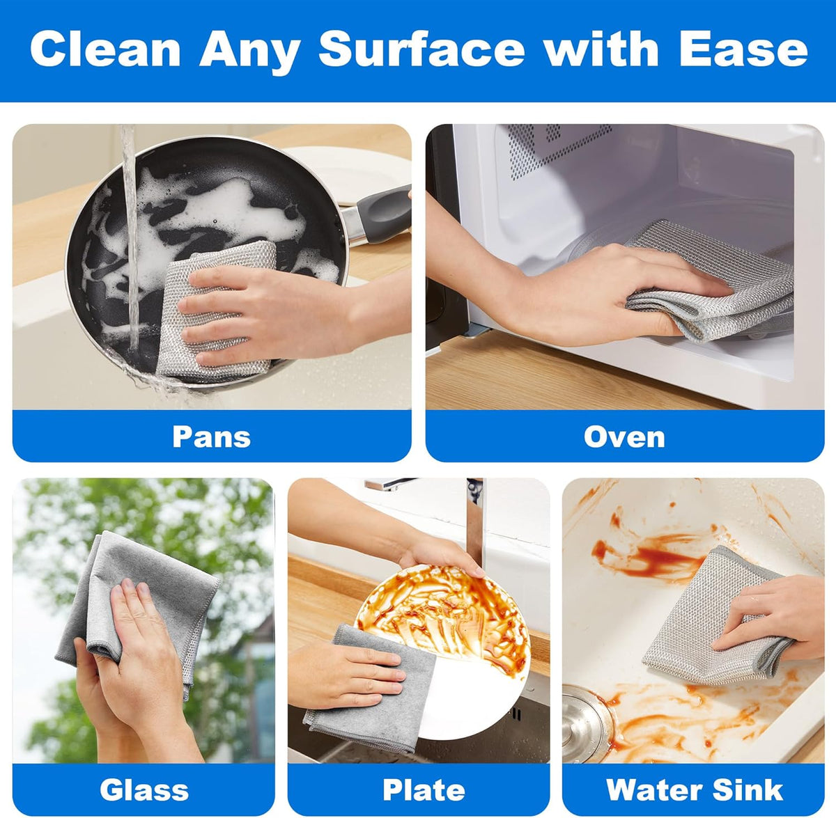 JOYMOOP Dual-Sided Silver Microfiber Cleaning Cloth, Reusable Non-Scratch Dishwashing Rag