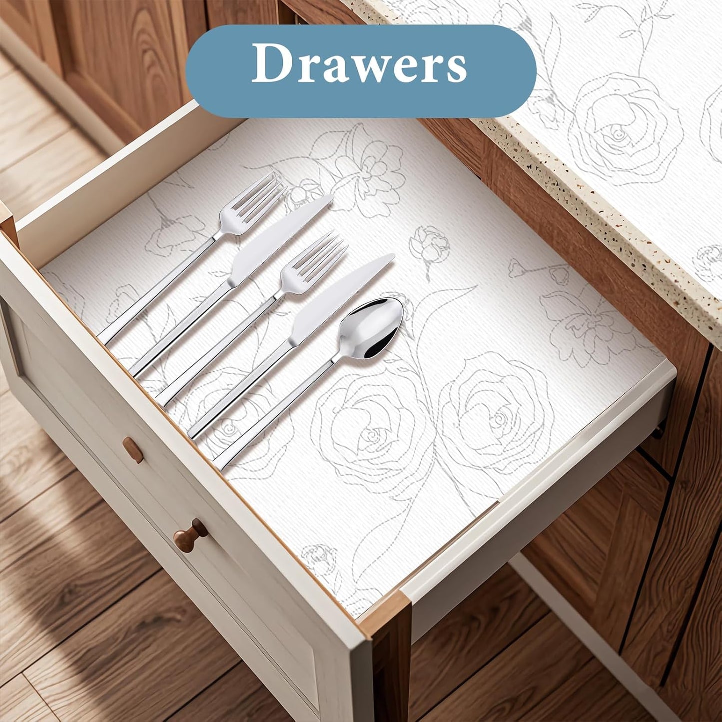 Shelf Liners for Kitchen Cabinets 12in x 30FT Non Adhesive Drawer Liner Sliver Floral Thickened