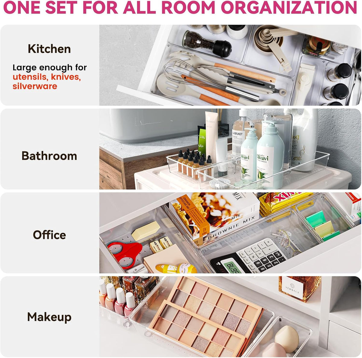 Criusia 26 Pack Large Clear Plastic Drawer Organizer Bins -5 Size Heavy Duty Acrylic Kitchen Drawer