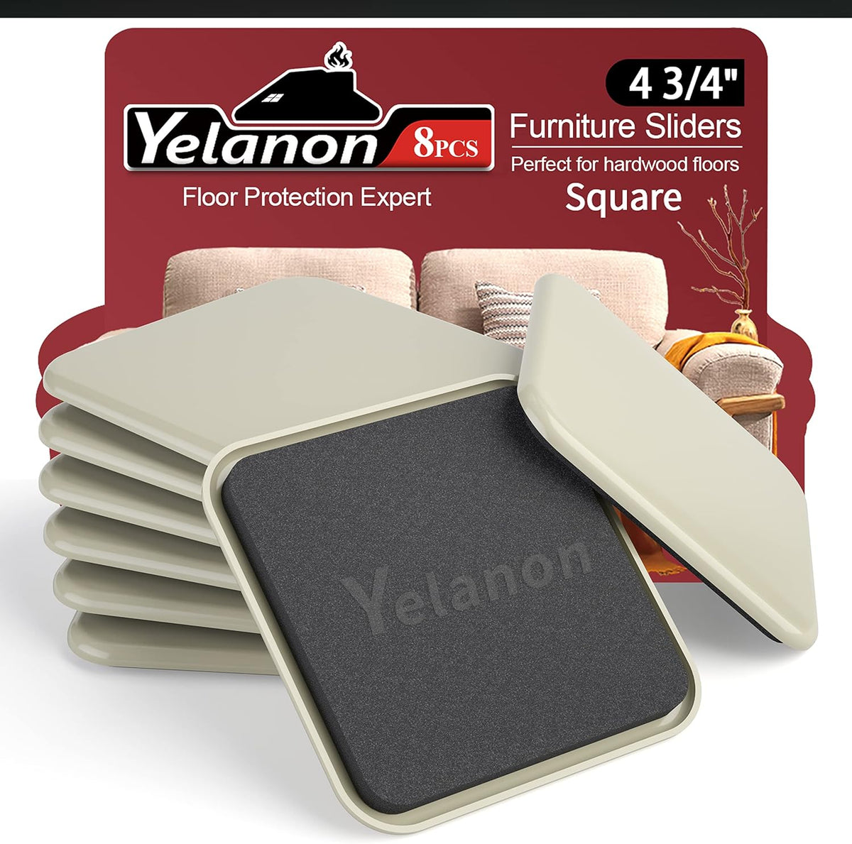 Yelanon Furniture Sliders, 8 pcs-4 3/4” Square Beige Furniture Sliders for Carpet, Heavy Duty