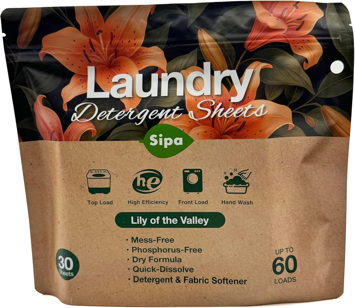 SIPA Laundry Detergent Sheets Bag - 30 Sheets, Up to 60 Loads, Lily of the Valley Scent