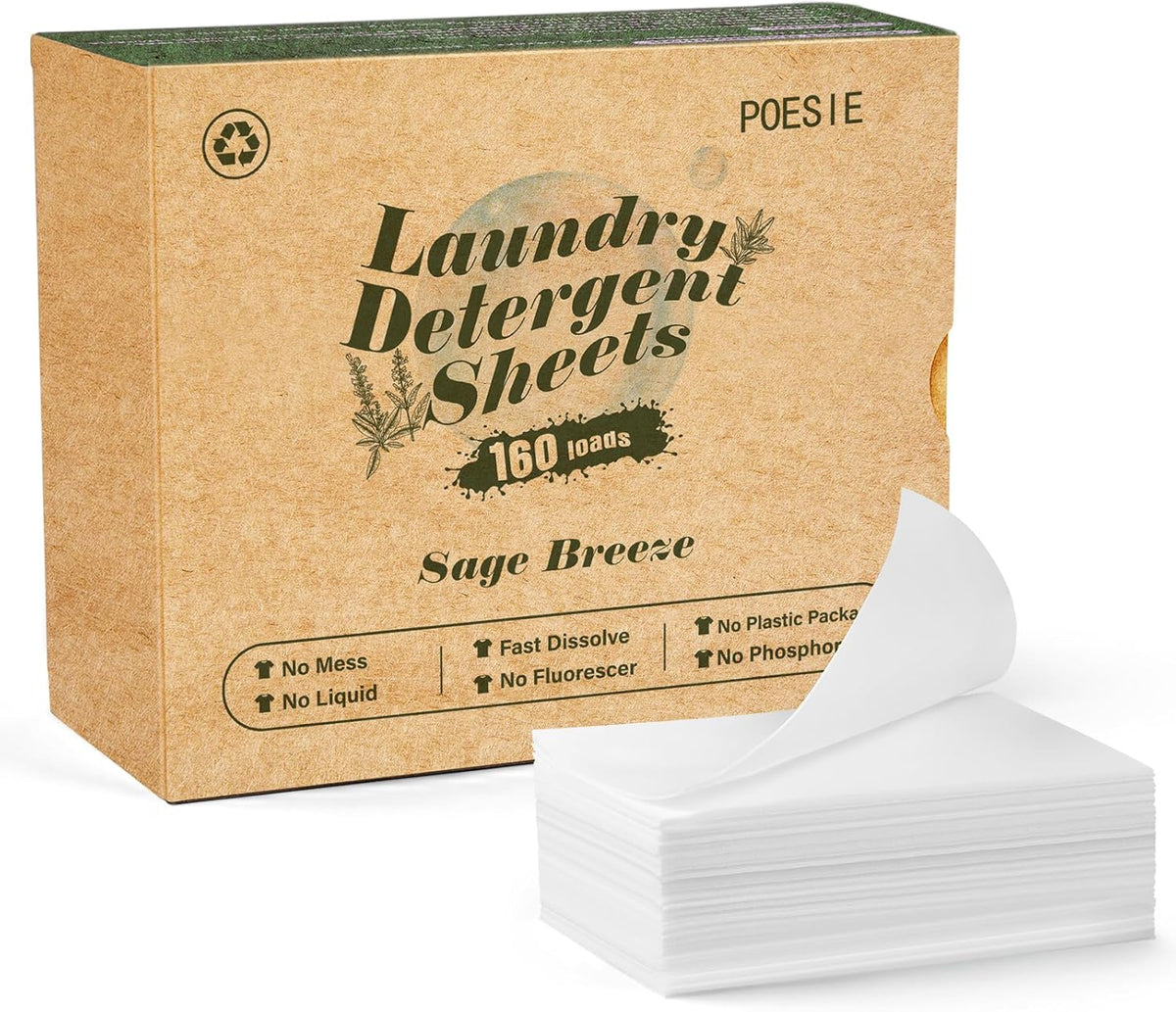 Poesie Laundry Detergent Sheet Sage Breeze Scent 160 Count Washer Sheets Detergent for Travel RV