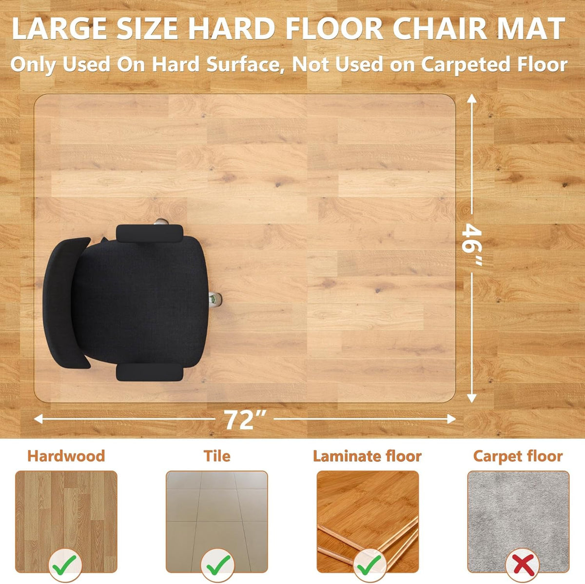 Large Office Chair Mat for Hardwood Floor- 46" x 72" Clear Computer Desk Chair Mat for Hard