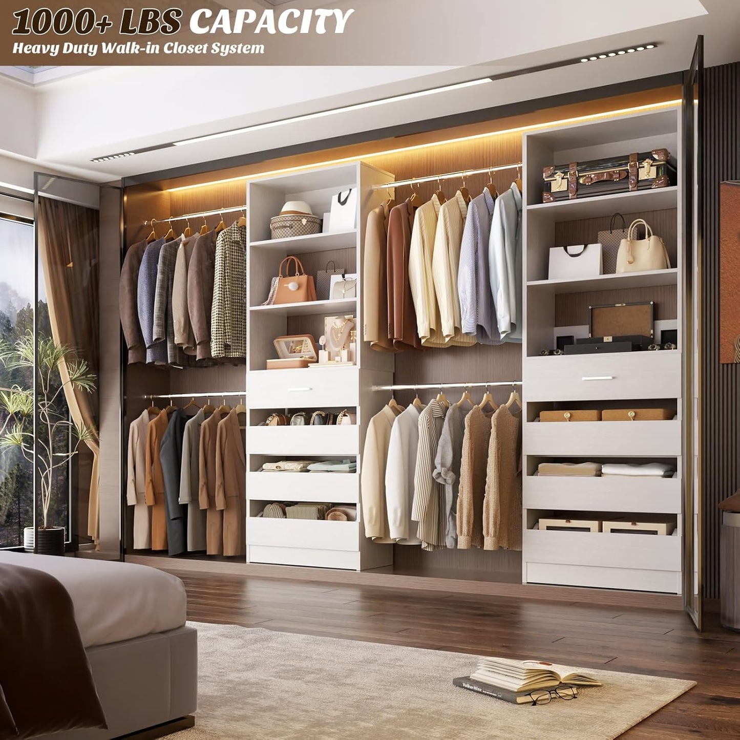Aheaplus Closet System, 4-9Ft Closet Organizer with 4 Wooden Drawers, Wood Closet Organizer System