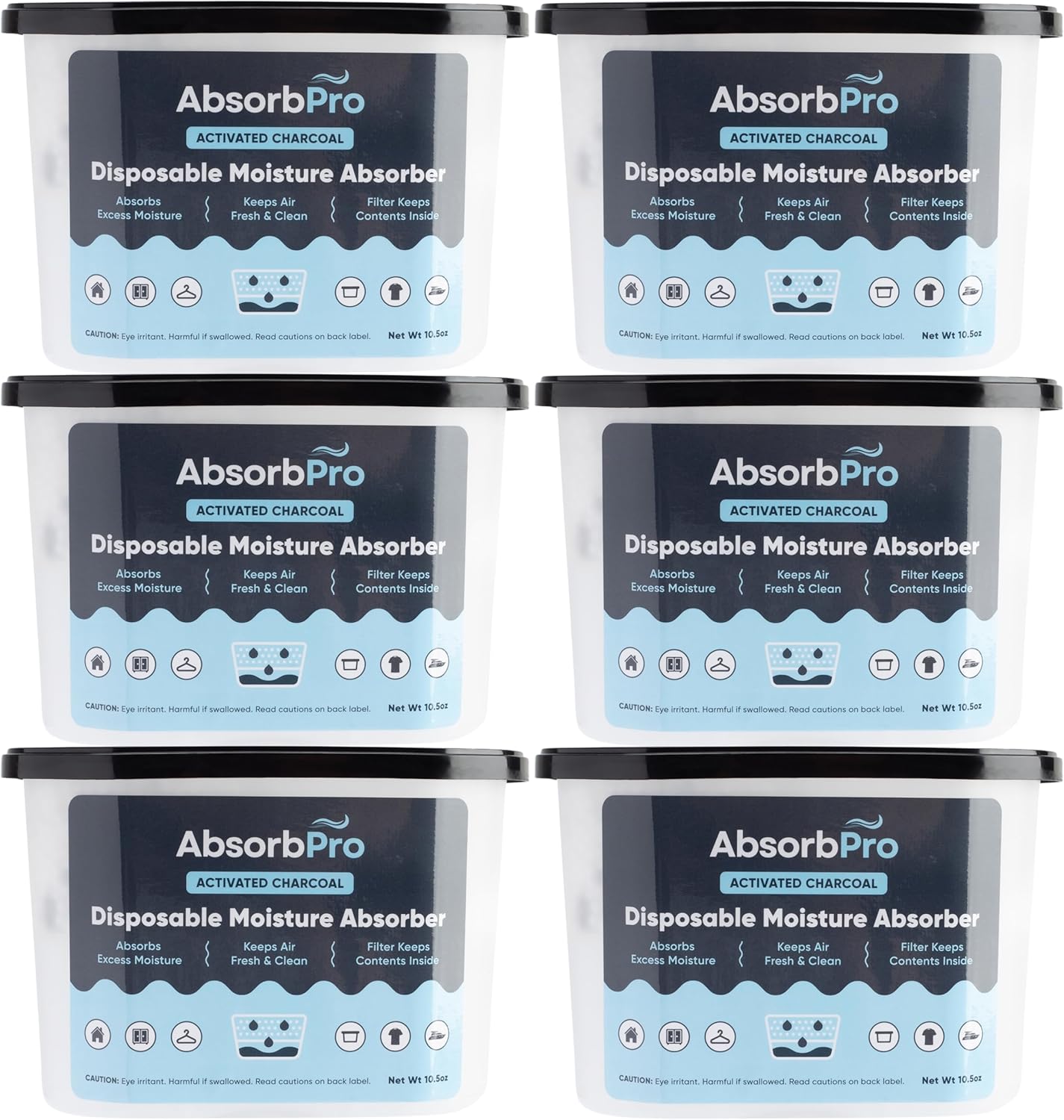 Moisture Absorber Tub with Activated Charcoal - 6-Pack - 10.5 oz Disposable Odor Eliminator Box &