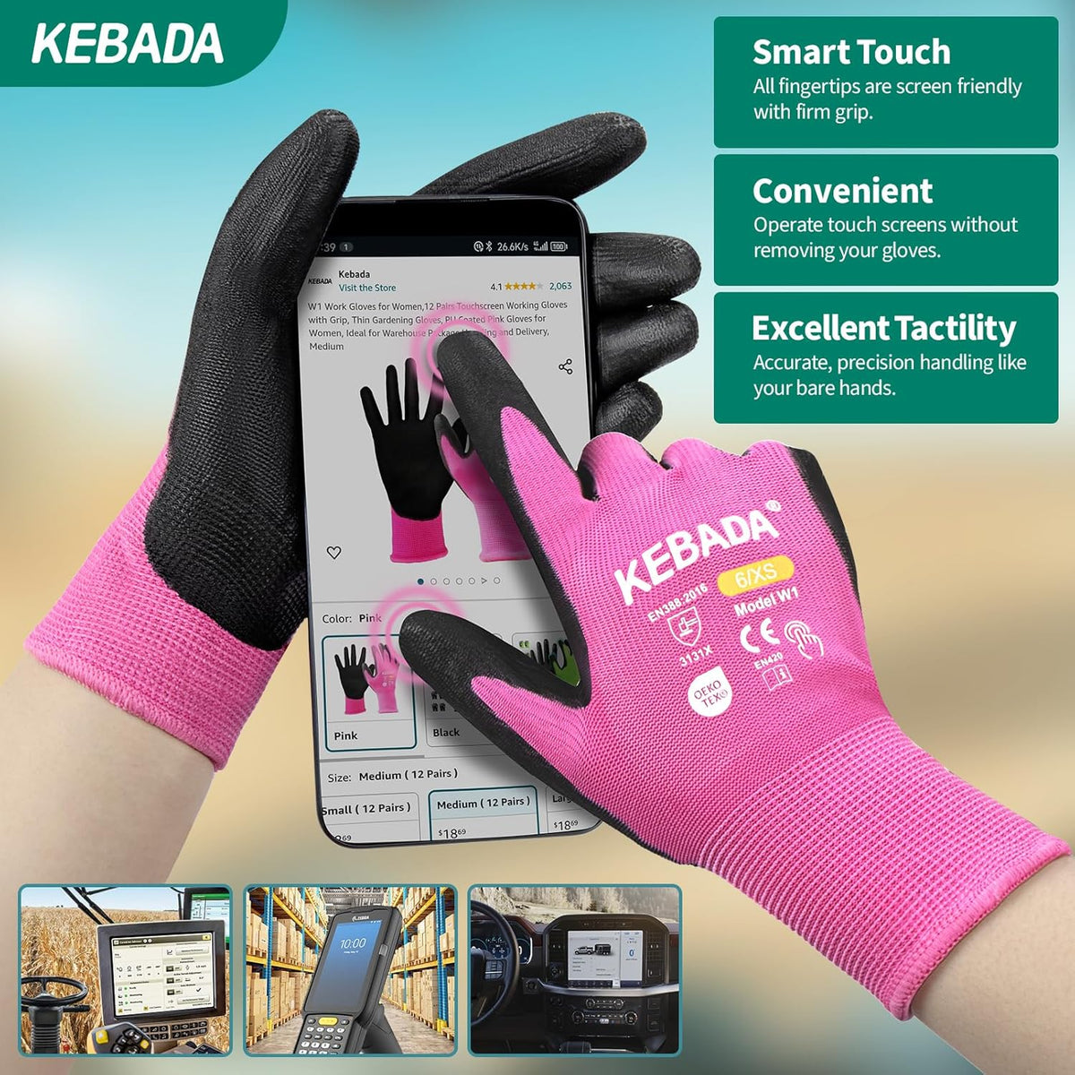 Kebada W1 Work Gloves Women, PU Coated Safety Gloves with Grip, Touchscreen, Ideal for Warehouse