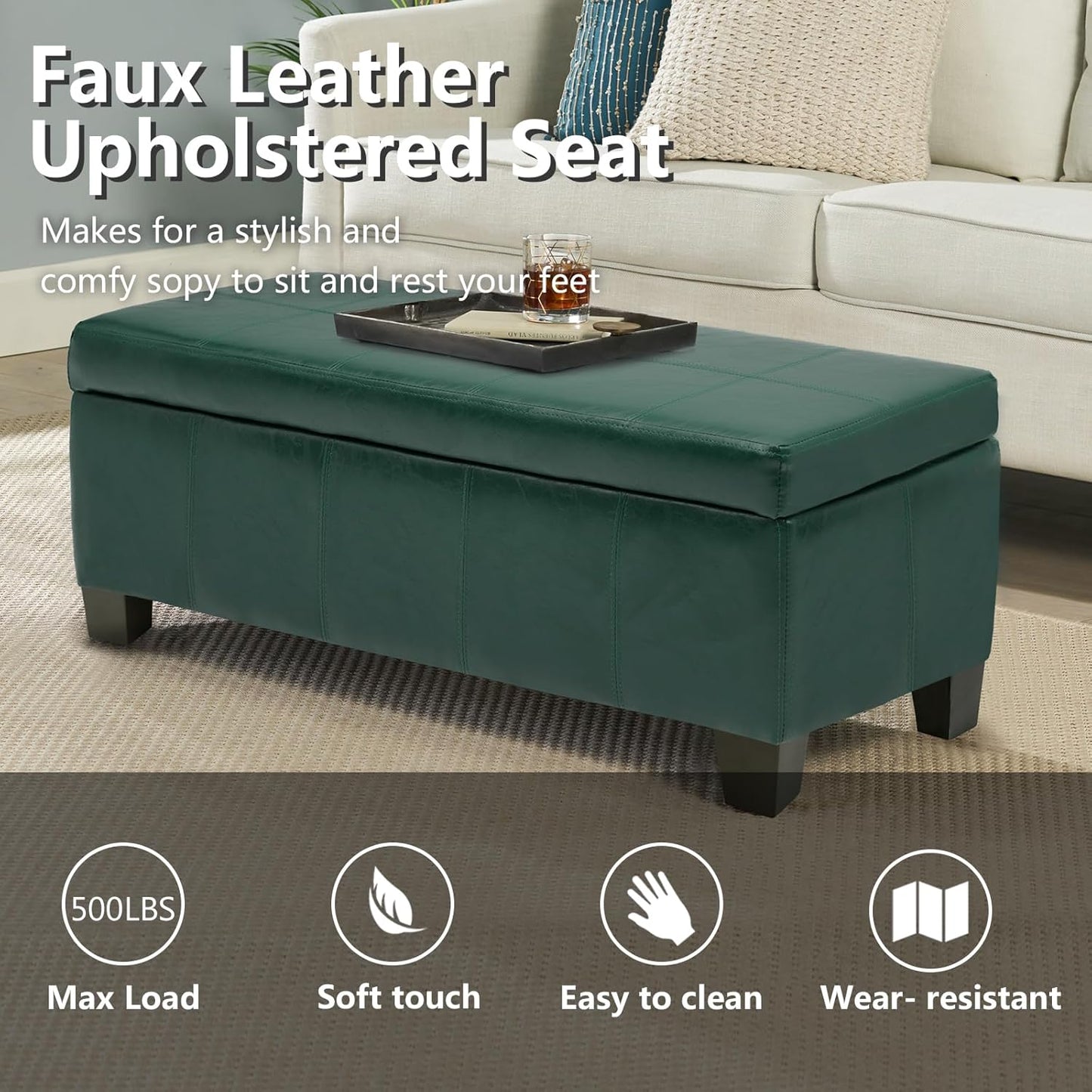 Green Faux Leather Ottoman with Storage, Rectangular Extra Long Storage Bench for Bedroom and