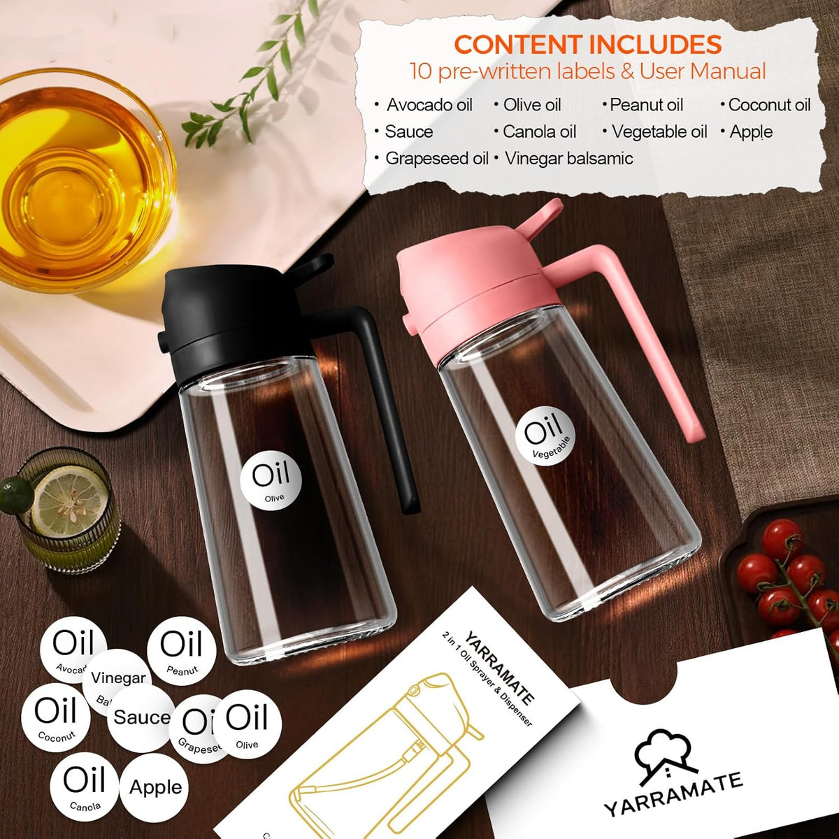 YARRAMATE 2Pcs 16oz/470ml Glass Olive Oil Sprayer for Cooking with Stickers, 2 in 1 Oil Dispenser