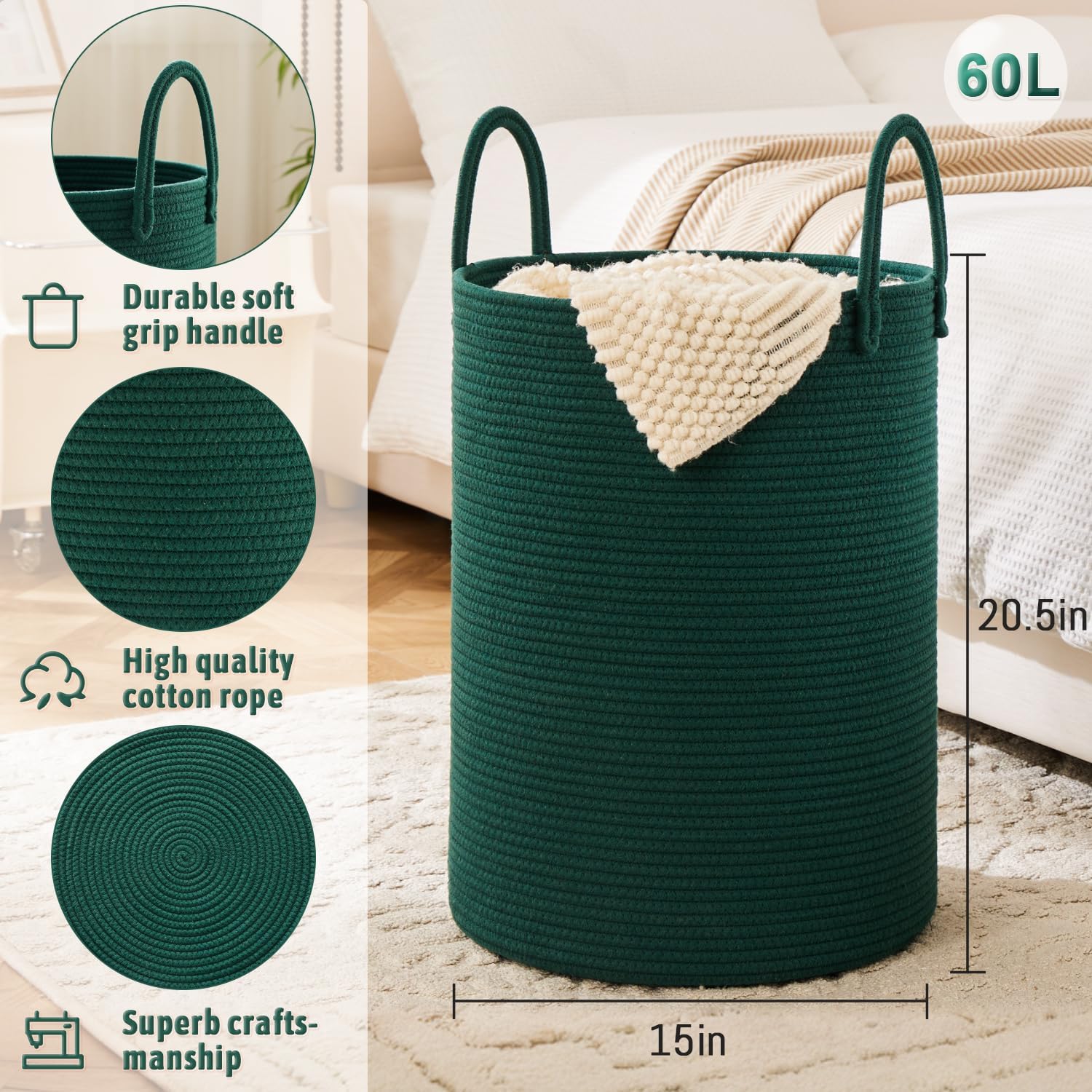 Laundry Basket,Woven Cotton Rope Laundry Hamper,60L for Decorative Storage of Dirty Clothes,Toys