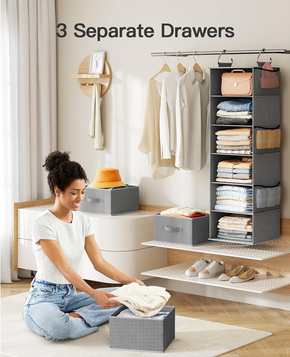 Pipishell Hanging Closet Organizer 6-Shelf, Hanging Shelves for Closet with 3 Removable Drawers &
