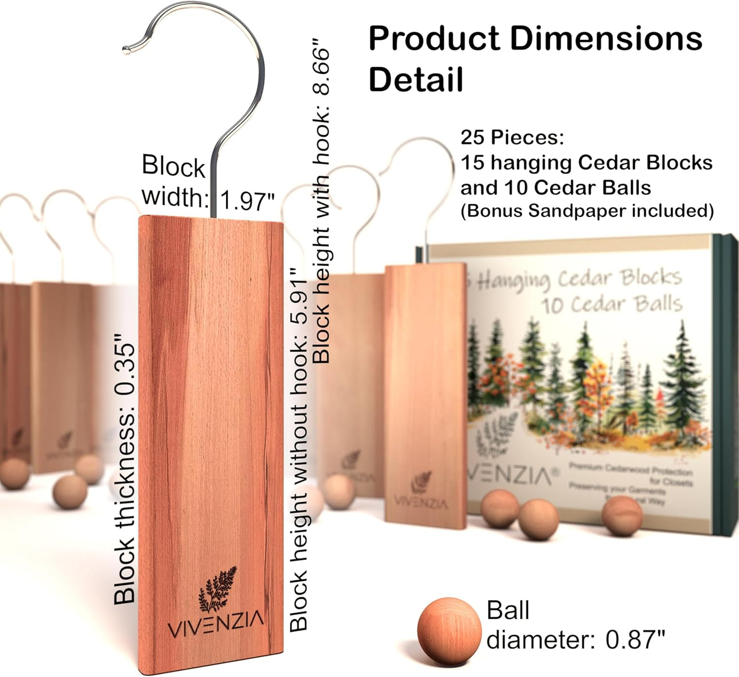 Cedar Blocks for Clothes Storage -25 pcs (15 Hang-ups & 10 Balls)- Hanging Cedar Planks, Natural
