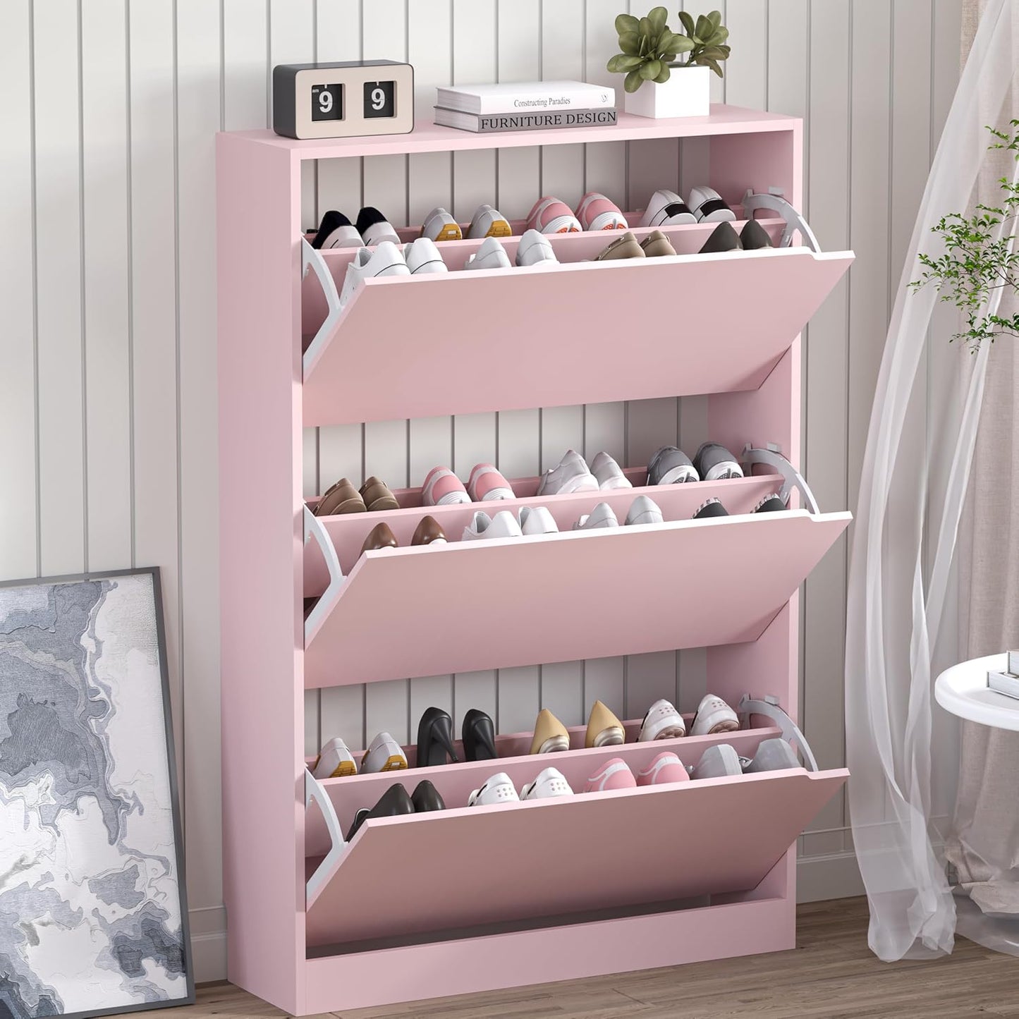 Shoe Cabinet with 3 Flip Drawers, Hidden Wood Shoe Cabinet,Freestanding Shoe Storage Cabinet for