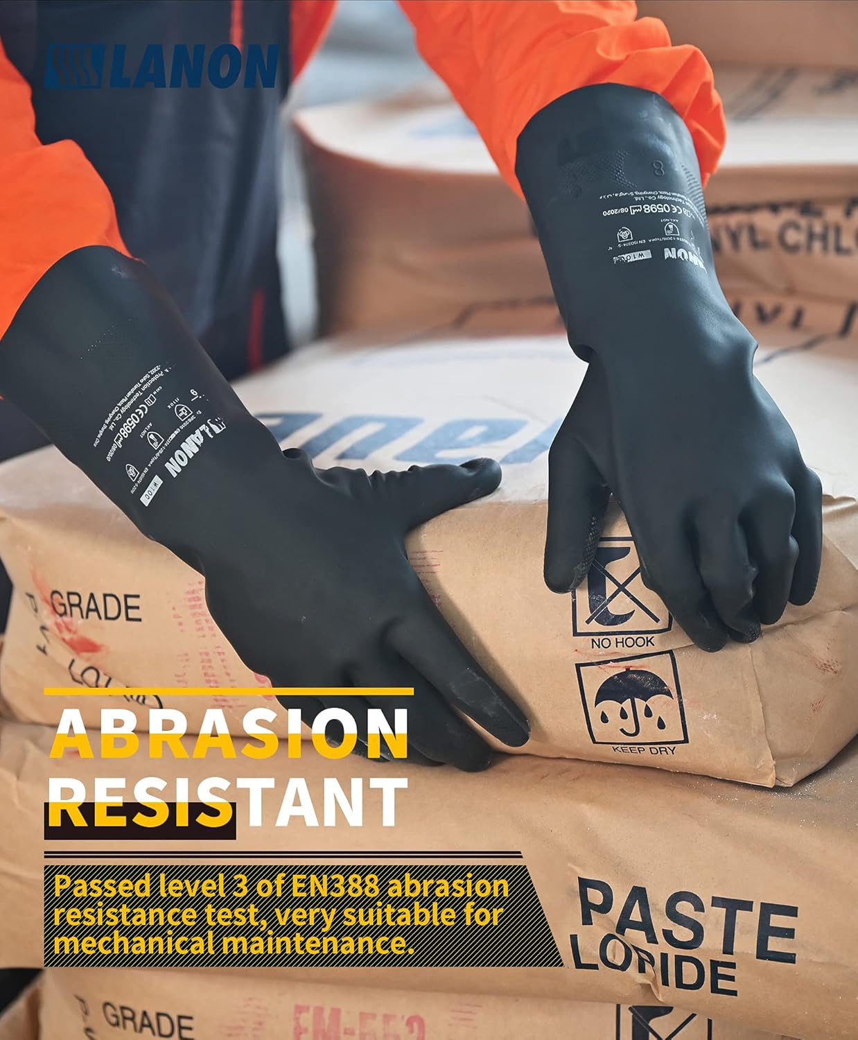LANON Rubber Chemical Resistant Gloves, Reusable Heavy-duty Safety Work Gloves, Acid & Alkali