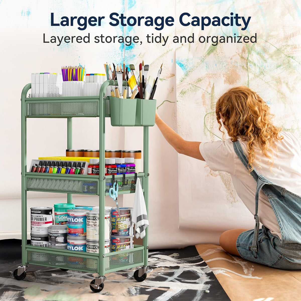 YASONIC 3 Tier Rolling Cart – Metal Utility Storage Cart with Wheels, Craft Carts Organizer with