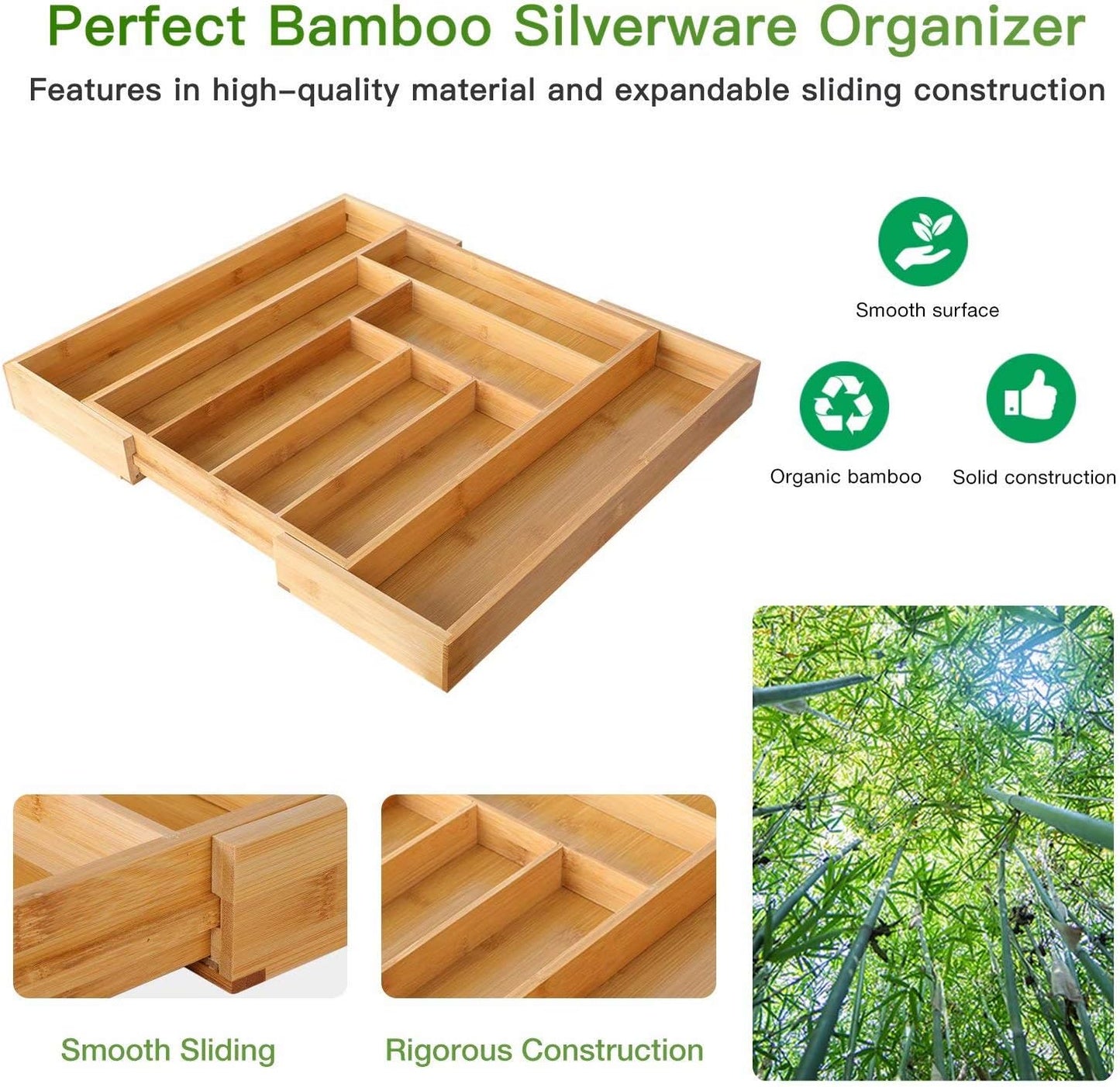 Pipishell Bamboo Silverware Organizer, Expandable Cutlery Tray, Utensil Drawer Organizer in Kitchen