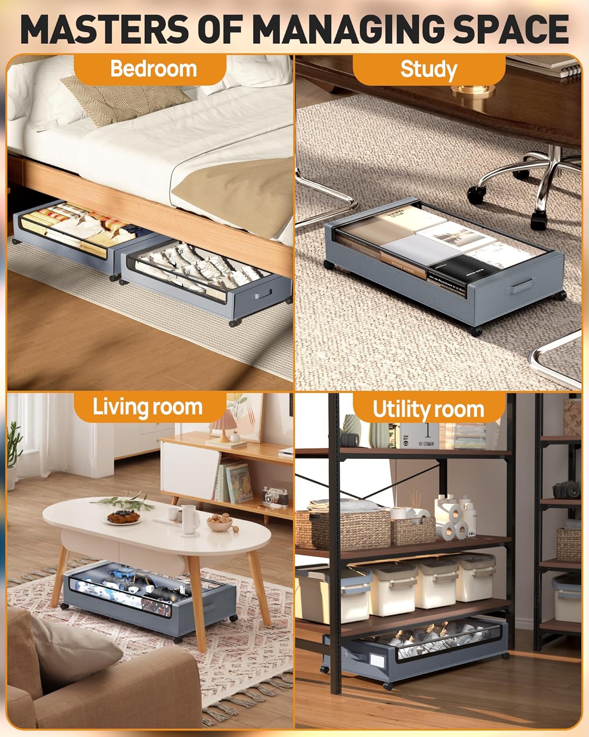 Under Bed Storage with Wheels, Square Under Bed Storage Containers, 60L Under The Bed Storage Bins