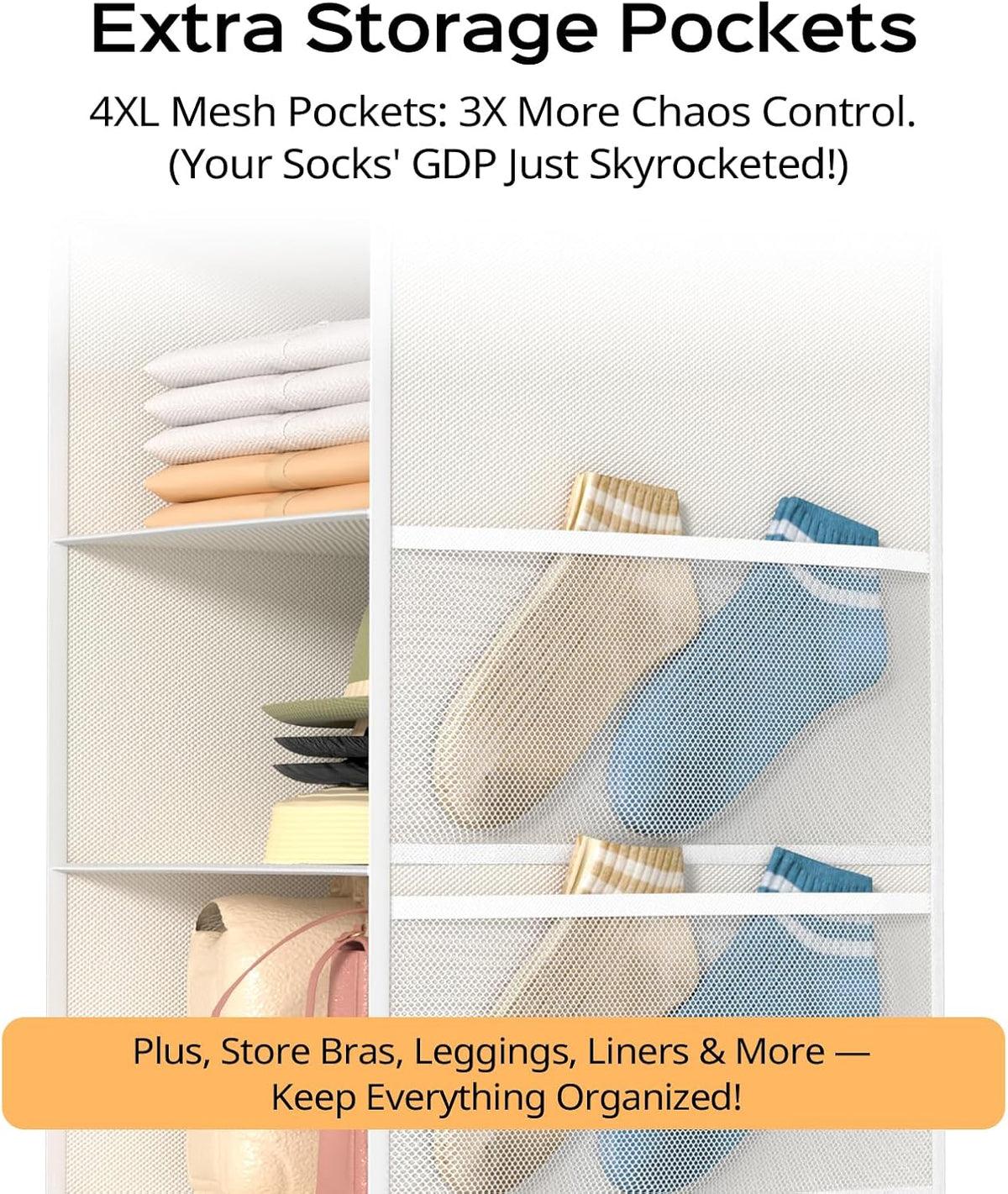 Extra Deep Hanging Closet Organizer with Shelves and Oversized Mesh Pockets, Heavy-Duty Structure