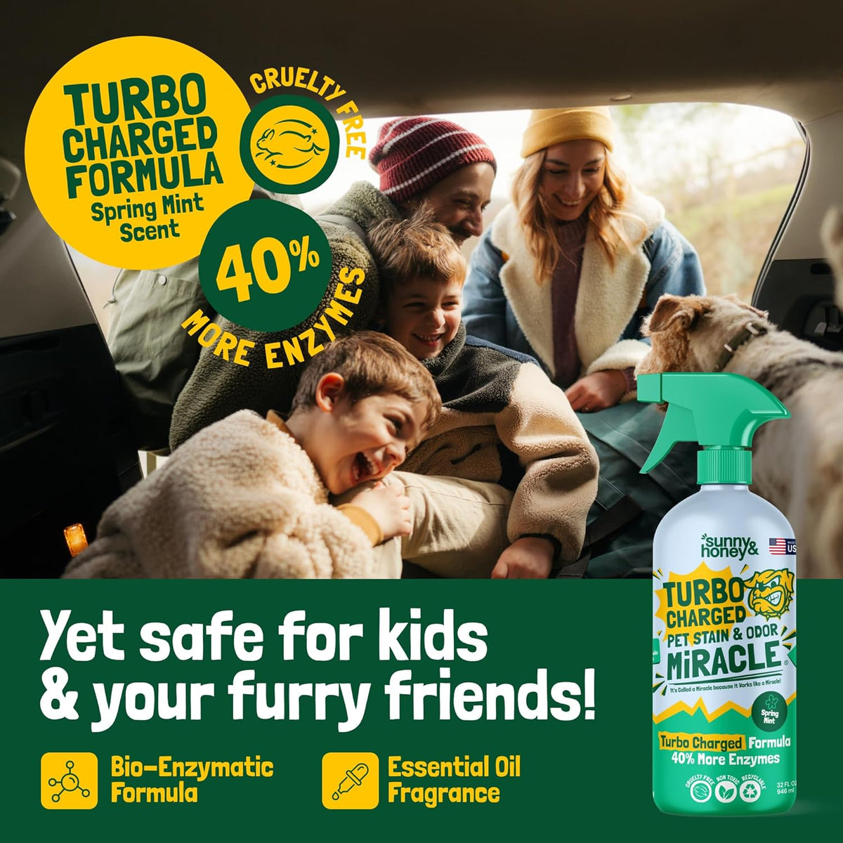 Sunny & Honey Pet Stain & Odor Miracle - Turbo Charged, 32 Fl Oz, Spring Mint - Carpet Shampooer