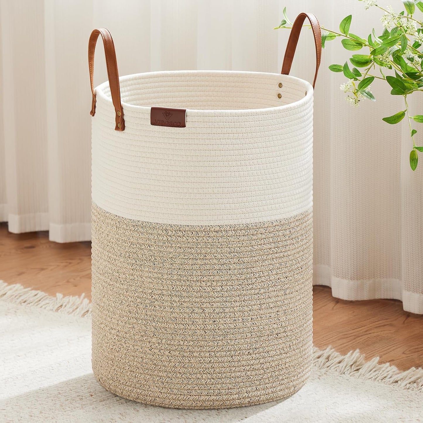 VIPOSCO Tall Laundry Basket, Large Dirty Clothes Hamper with Leather Handle, Woven Rope Storage