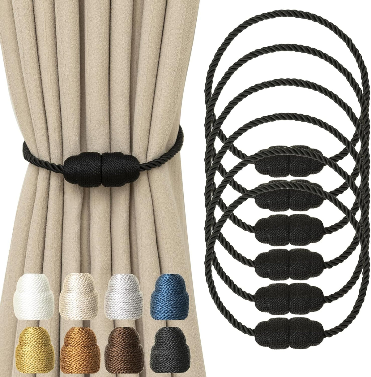 Magnetic Curtain Tiebacks Rope Curtain Tie Backs for Curtains 6 Pack Curtain Holders for Drapes