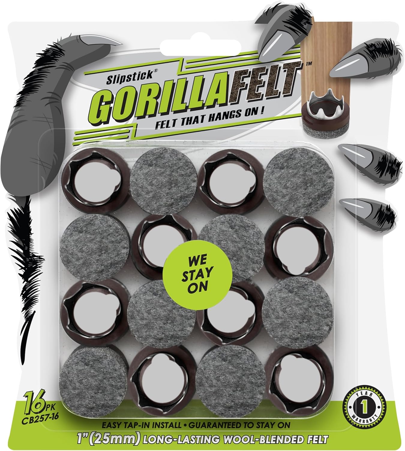 GorillaFelt Chair Leg Floor Protectors/Felt Chair Glides (Set of 16) Tap-On Felt Furniture Pads
