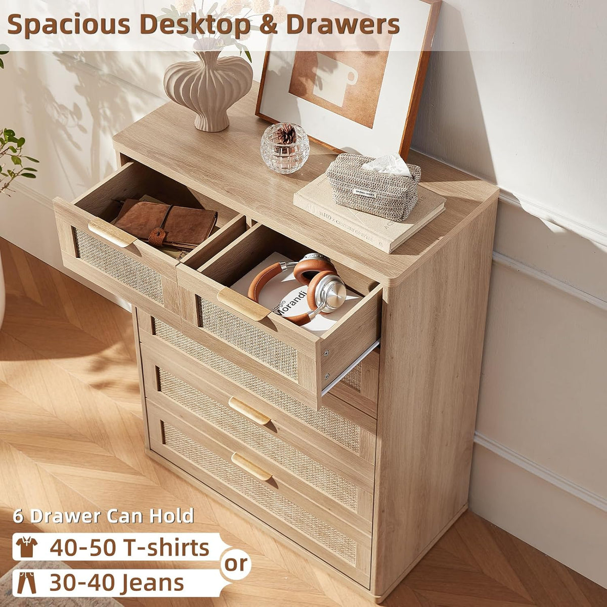 LEYAOYAO Rattan Dresser for Bedroom, 42" Tall Chest of Drawers, Modern 6 Drawers Boho Dressers with