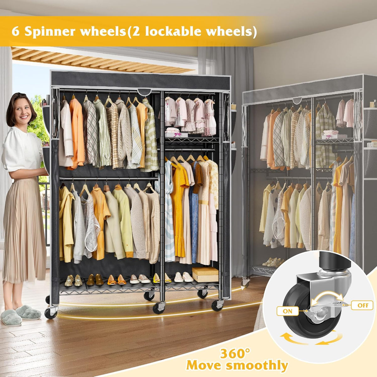 Raybee Clothes Rack with Cover,Clothing Racks for Hanging Clothes with Wheels and Adjustable