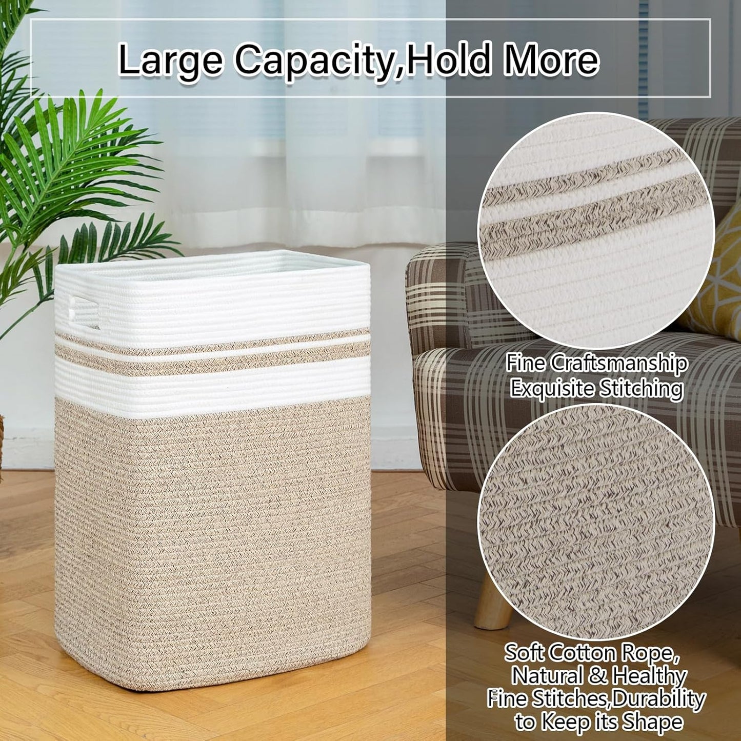 OIAHOMY 91L Laundry Hamper, XXXLarge Laundry Basket, Collapsible Cotton Rope Basket,Woven Storage