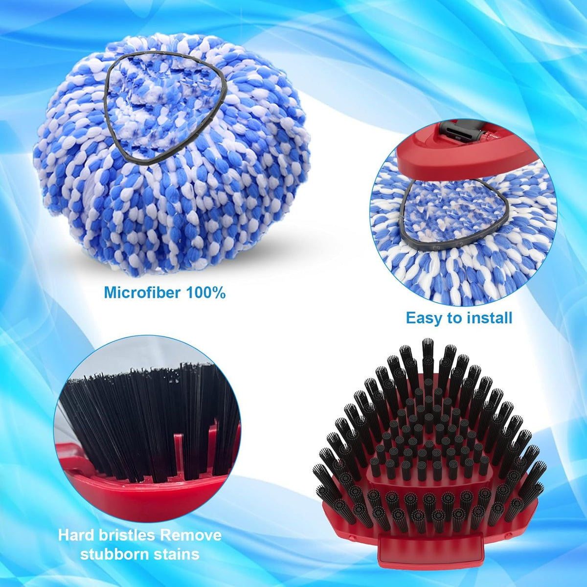 Spin Mop Head and Brush Replacement Compatible with O Cedar RinseClean 2-Tank System, 4 Mop Replace