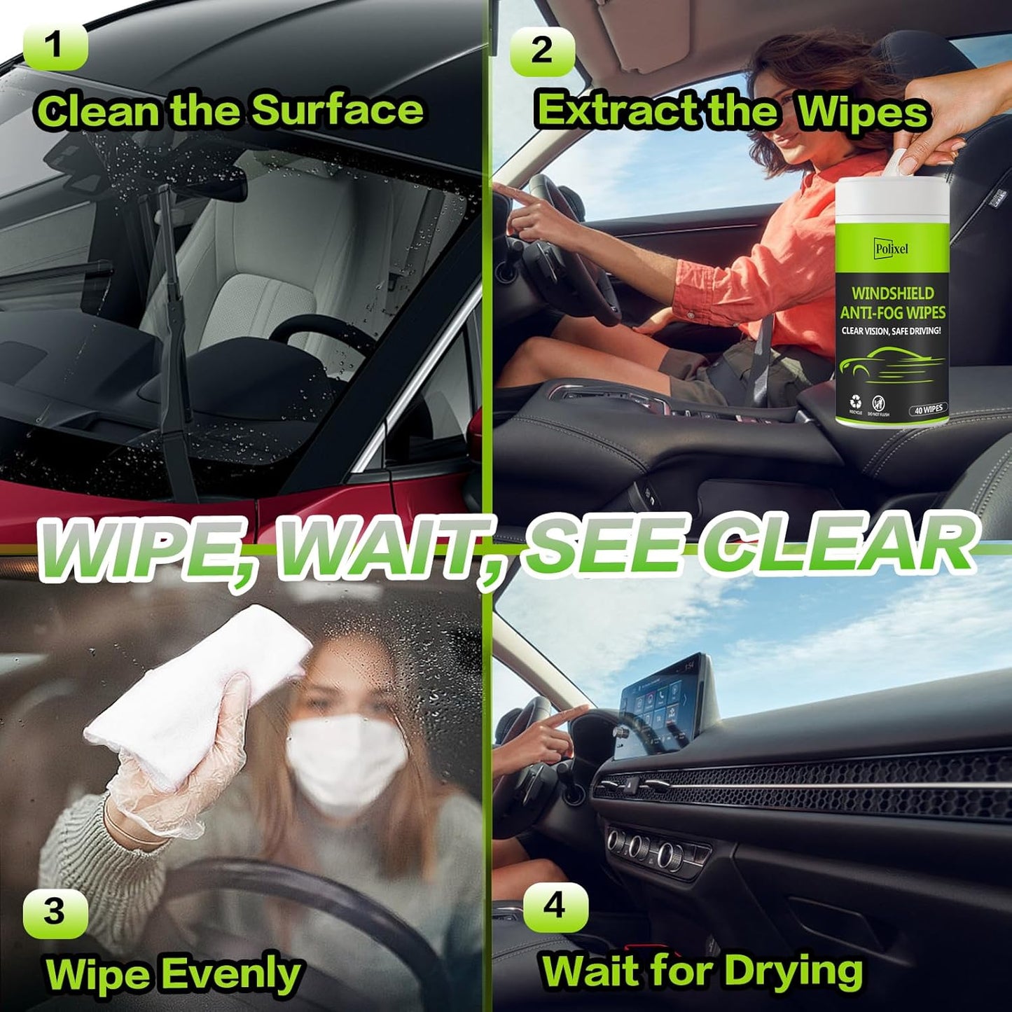 Glass Anti-Fog Wipes - Quick Windshiled Fogging Remover Resealable Bottle Pack Defogger for