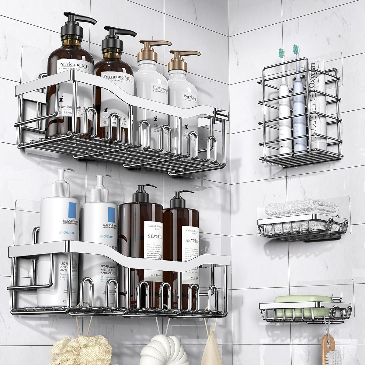 EUDELE 5-Pack Rustproof Stainless Steel Shower Caddy – No Drill Adhesive Bathroom Organizer with
