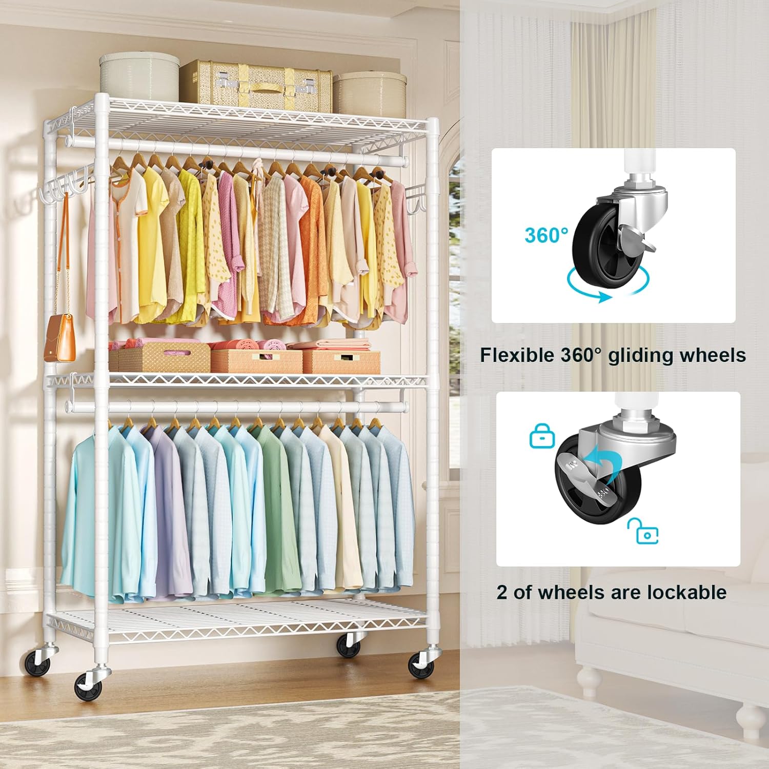 FUTASSI P1 Plus Rolling Clothes Rack, 22mm Diameter Heavy Duty Garment Rack with Wheels, Portable