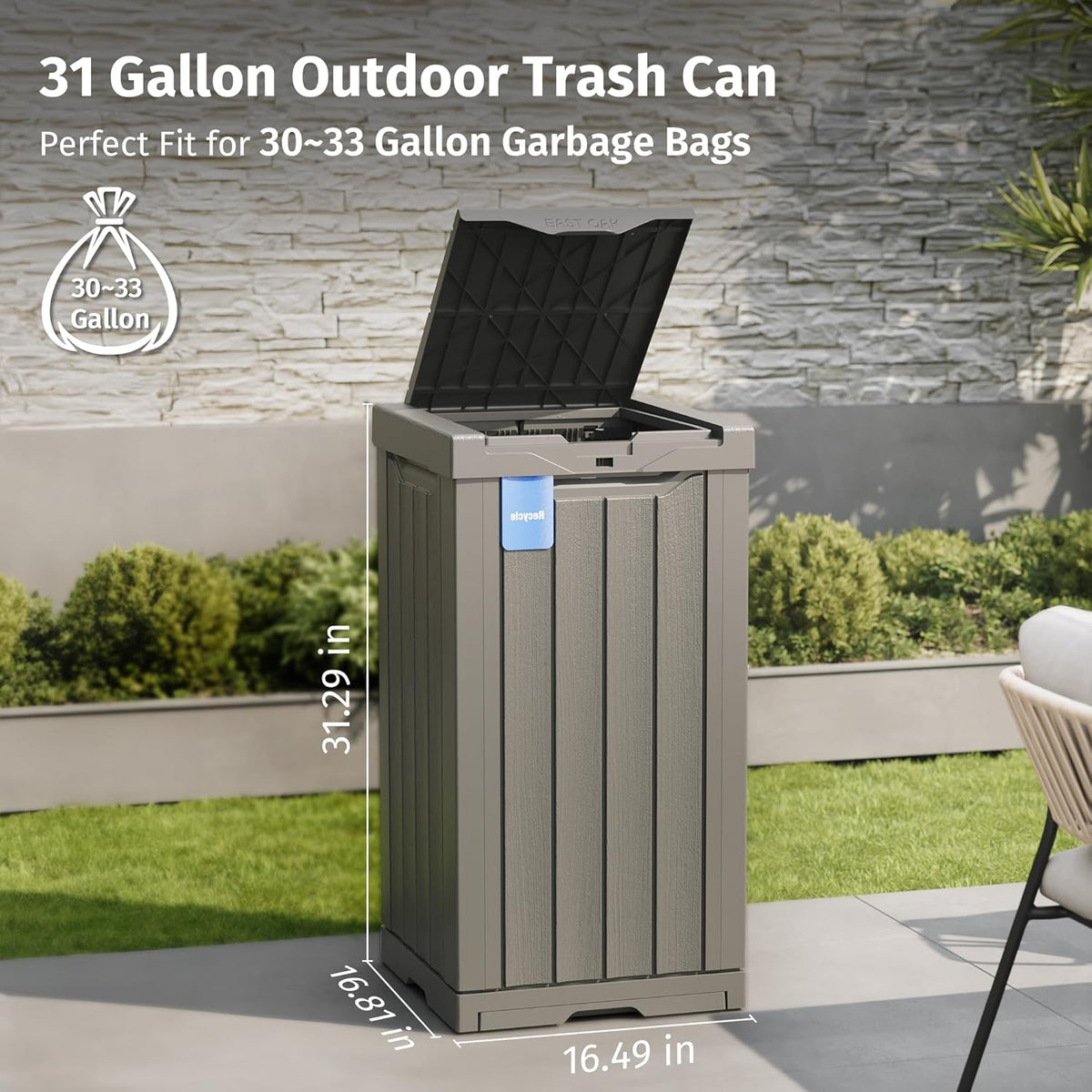 EAST OAK 31 Gallon Outdoor Trash Can | Waterproof Resin Garbage Can with Recycle and Garbage Labels
