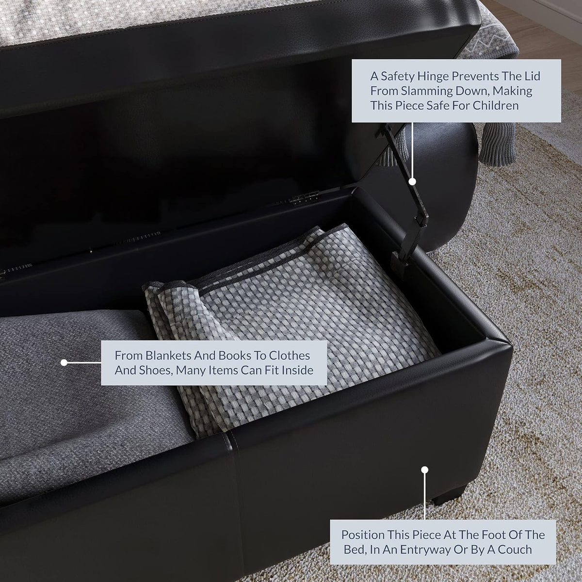 BELLEZE Storage Faux Leather Ottoman, 47 Inch Bench Bedroom Bench with Safety Close Hinge, Extra