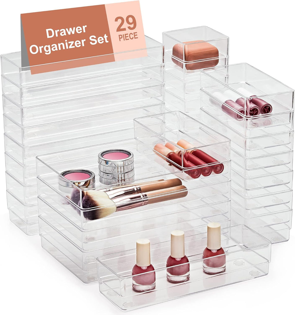 SMARTAKE 29-Piece Drawer Organizer with Non-Slip Silicone Pads, 4-Size Desk Drawer Organizer Trays