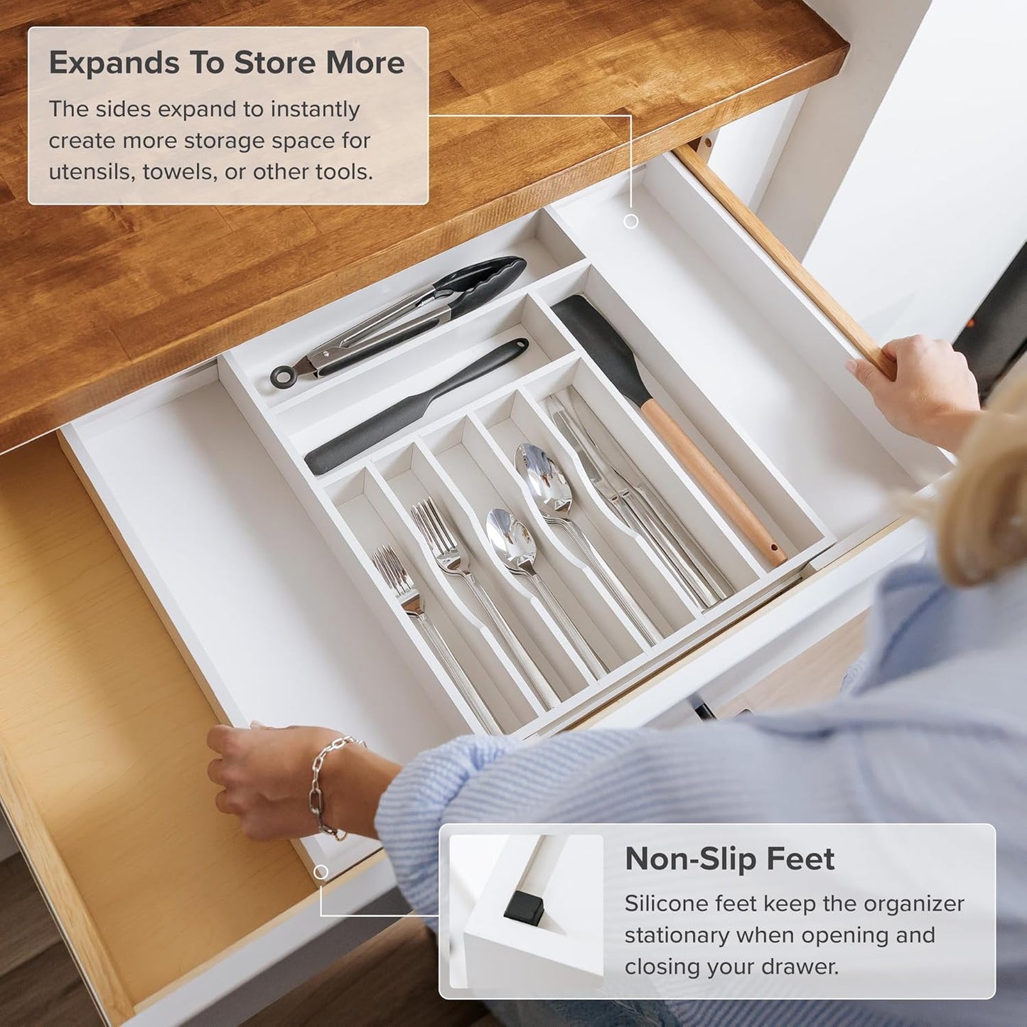 KitchenEdge Premium Silverware, Flatware and Utensil Organizer for Kitchen Drawers, Food-Safe